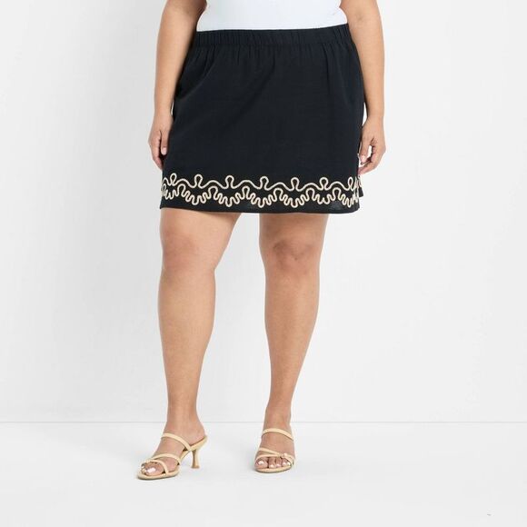 Future Collective - Women's Embroidered Linen Mini A-Line Skirt - Futu Black - Picture 1 of 3